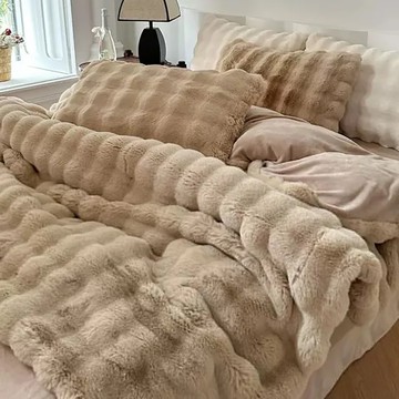 夢之語 兔毛泡泡毯 牛奶絨床包 + 兩用被套/毯 4件組  加大  米白色  被套 + 床墊套 + 枕套組