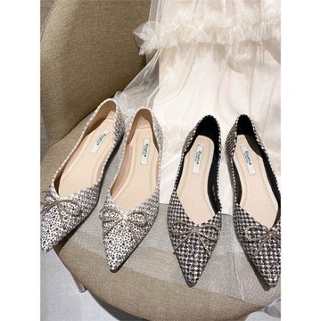 尖頭單鞋女秋款低跟軟底女鞋2023年春秋新款水鉆蝴蝶結絕美平底鞋