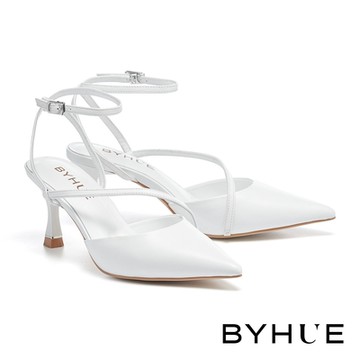 高跟鞋 BYHUE 優雅大人感羊皮繫帶軟芯尖頭高跟鞋－米白