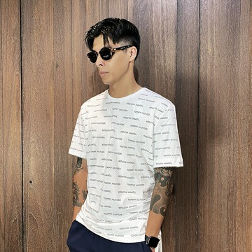 美國百分百【全新真品】Tommy Hilfiger 短袖 棉質 T恤 TH 上衣 logo滿版 短T 白色 BL83