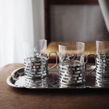 復古蝕刻玻璃杯 配 銀色金屬茶杯架