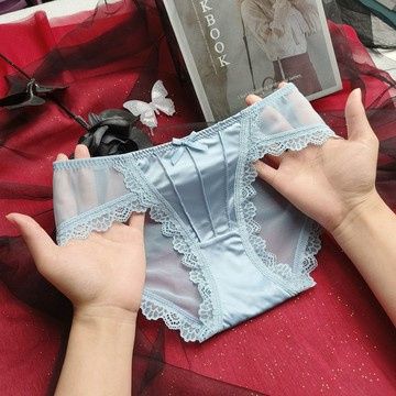 DUYI~夢詩 內褲女法式綢緞冰絲蕾絲邊網紗蝴蝶結少女三角褲