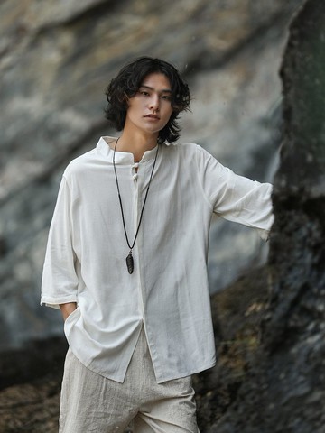 新中式復古 亞麻短袖襯衫 輕薄休閒上衣