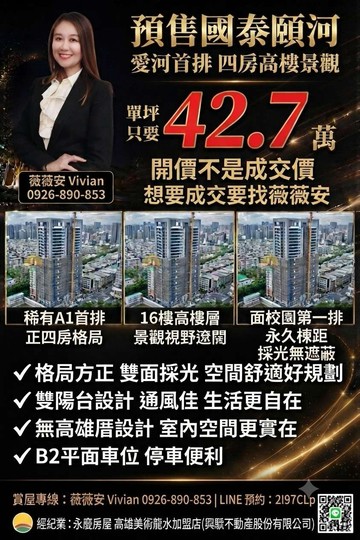 單坪42.7萬國泰頤河 首排四房高樓景觀宅｜高雄市三民區建國三路