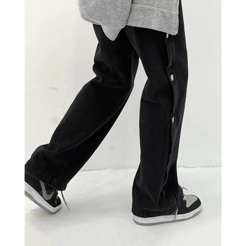 賽小懶側排扣牛仔褲女夏直筒寬松個子潮ins黑色褲子高街高腰顯瘦