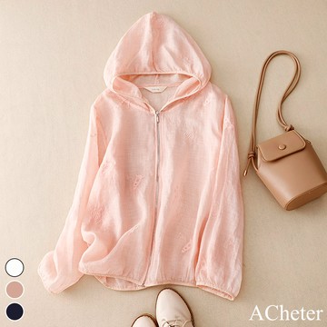 【ACheter】細棉麻刺繡防曬外套連帽長袖寬鬆空調夾克短版文藝上衣# 118397 (現貨+預購)