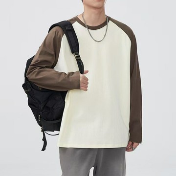 重磅插肩純棉長袖t恤男美式撞色拼接打底衫寬松圓領男女同款長袖T鑫弘-衣錦男裝