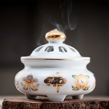描金八吉祥凈爐陶瓷供奉盤香爐4小時熏香爐家用三足檀香爐