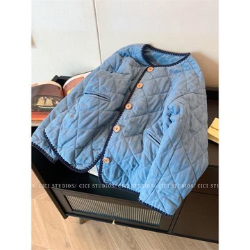 藍色圓領單排扣牛仔菱格棉服外套女秋冬2025新款復古寬松保暖上衣