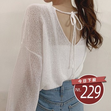 【台灣發貨】韓版冰絲薄款後背V領鏤空綁帶喇叭袖長袖上衣 長袖上衣 長袖t恤 衣服 女裝 上衣