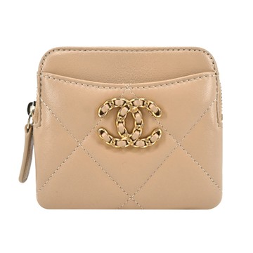 CHANEL19系列經典菱格紋小羊皮卡片/零錢夾(米色)