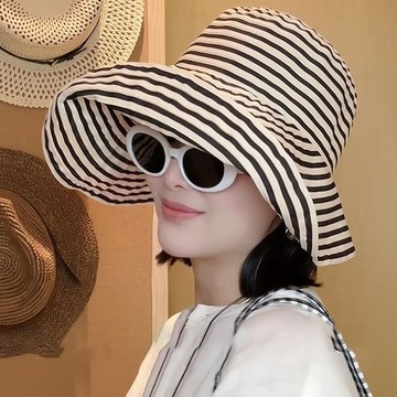 【台灣出貨】優雅氣質復古定制UV織帶條紋大帽檐漁夫帽子女戶外百搭遮陽防曬 韓國帽子 氣質穿搭