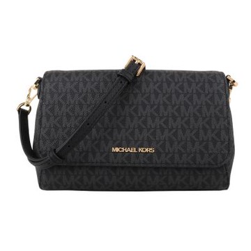 MICHAEL KORS 金字滿版MK皮革釦式斜背包(黑灰)小款