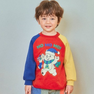 韓國 First Blue - 聖誕熊熊撞色內磨毛長袖上衣-深藍X酒紅X芥黃