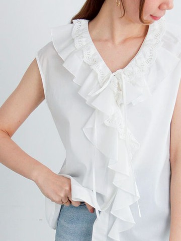 垂墜感荷葉蕾絲褶邊V領無袖襯衫(0F001032510) - Te chichi