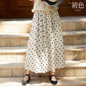 初色 日系棉麻風高腰拼接口袋寬鬆點點中長裙半身裙-白底圓點-10113(M-2XL可選)
