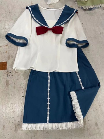 白雪少女 木馬自制套裝軟甜美妹海軍風法式減齡高腰A字裙JK改良感