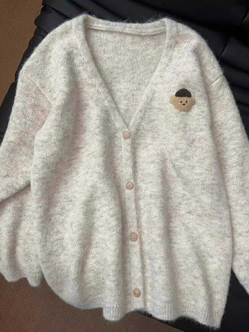 韓系軟糯小熊V領秋冬新款寬松高級感針織開衫毛衣女慵懶上衣外套【淘夢屋】