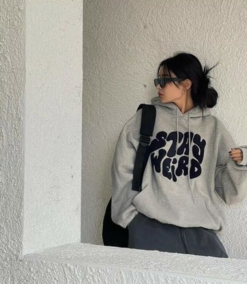 【Concept Design】*Stay Weird韓版長袖- 刷毛帽T男女可80453 (淺灰)-XL    Concept Design