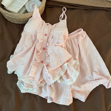 商城熱賣⭐雲朵棉舒適吊帶睡衣 少女大碼帶胸墊睡衣套裝 女夏涼感大碼帶胸墊26新款粉色套裝可外