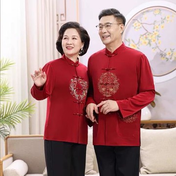 春秋長袖情侶唐裝中老年人生日過壽金婚本命年中式刺繡緞復古上衣
