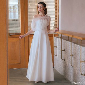 OMUSES 兩件式一字領白色長禮服