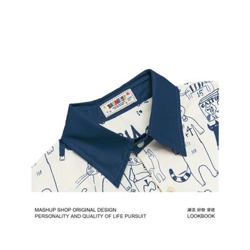 WILDNOVA日系手繪貓咪涂鴉翻領短袖襯衫男女夏季情侶寬松卡通襯衣