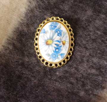 古董金框陶瓷印花CAMEO別針胸針墜子B1193 兩用款
