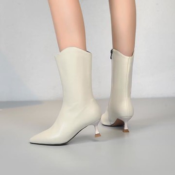 真皮尖頭中跟中筒靴2025新款靴子5cm高跟時裝靴米色靴子春秋款女