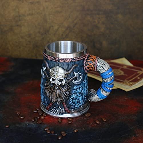 OTARTU Valhalla Viking Stainless Steel Single Handle Horn Skull Beer Stein Cup、Nordic Viking Warrior Skull Mug Tankard 17 oz、Halloween Bar Drin