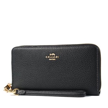 COACH 荔枝紋全開拉鍊手掛式長夾-黑色/附活動卡夾