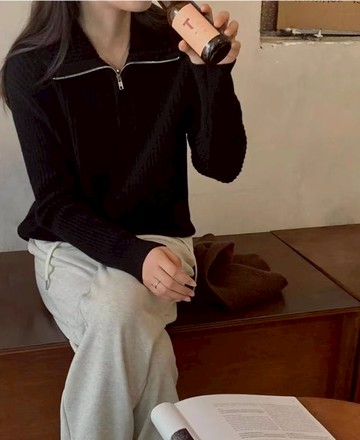 9th street秋冬季Polo領半拉鍊毛衣針織衫女外穿打底洋氣設計感小眾上衣 共四色