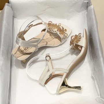 細跟涼鞋女韓系時尚小眾設計感水晶一字帶仙女風氣質高跟鞋