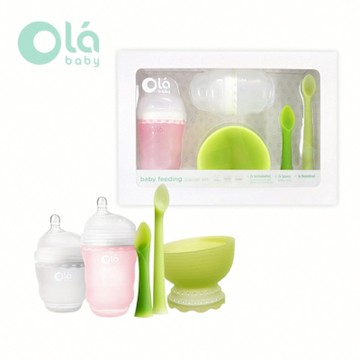 Olababy 美國 小幼苗新生哺育禮盒//彌月禮盒/成長禮盒/新生兒禮盒(矽膠奶瓶/學習餐具/湯匙/碗 - 玫瑰粉