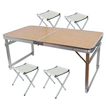 FOSO 方管無傘孔鋁合金折疊桌 + 椅子 4個 加寬款 竹紋 露營折疊桌椅組  120cm  120 x 70 x 52~70cm  1組
