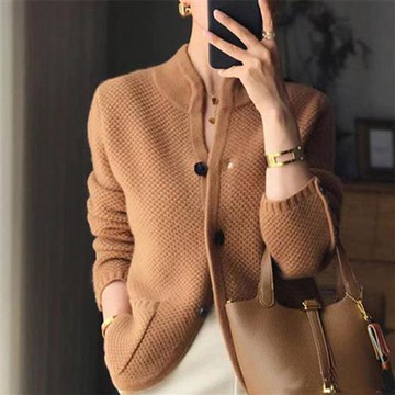 【米蘭精品】現貨+預購 100%羊毛衣針織外套發熱衣長袖保暖內搭加絨寬鬆大碼休閒-中式立領女外套3色74nc33