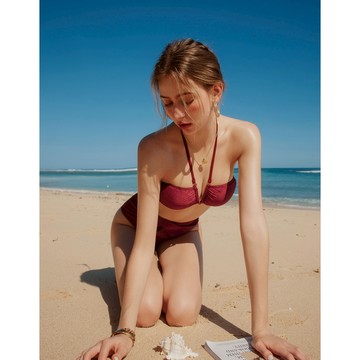 AIR SPACE 多WAY星緞光深V綁帶比基尼(星光黑/星光紅) 泳裝 現貨 歐美風 自然美胸