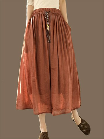 女士半身裙 文藝復古夏季中長款雙層棉麻半身裙松緊腰系帶百褶A字飄逸大擺裙