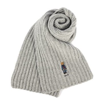 RALPH LAUREN POLO 丹寧小熊刺繡素面羅紋針織圍巾-灰色