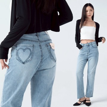 愛心印記 腿直顯瘦刺繡小直筒褲-【161-6941】