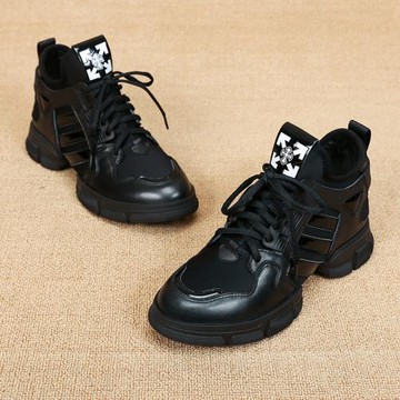 黑色老爹鞋女歐洲站百搭透氣真皮內增高時尚休閑鞋厚底高幫鞋歐貨