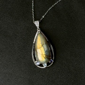 金橘藍光 拉長石 鑲嵌 丹泉石 托帕石  轉化 拉長石 天然石項鍊 925純銀 S23AW24-08