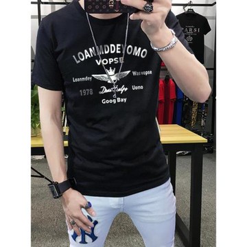 2025春夏新款男士短袖t恤修身潮流冰絲圓領半袖小衫薄款印花上衣