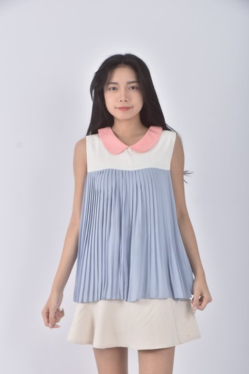 (S) bba bba韓牌質感百褶藍色上衣