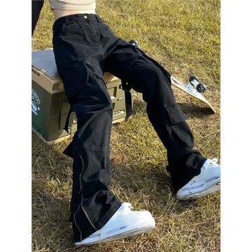 純黑色拉鏈工裝牛仔褲男款2025新款美式vibe褲子潮牌多口袋微喇褲