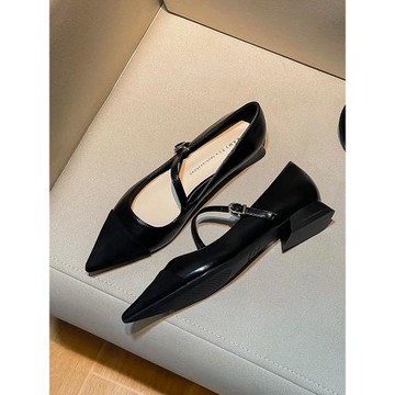 小香風法式尖頭粗跟單鞋女2025年新款一字扣帶黑色復古低跟高跟鞋