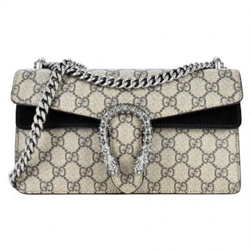 GUCCI Dionysus GG 織紋飾面虎頭扣帆布手提單層肩背包(小/米黑)