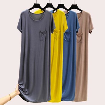 莫代爾套頭睡衣裙女夏薄款寬松短袖連衣裙大碼百搭休閑家居a字裙