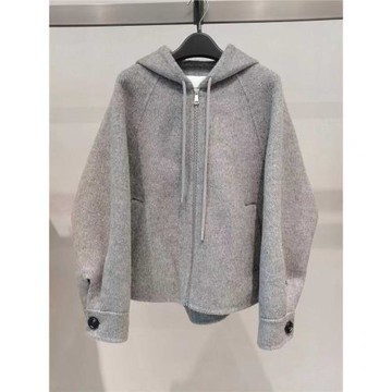 MM麥麥2025秋冬新款休閑減齡雙面呢灰色毛呢連帽外套女4FA170571