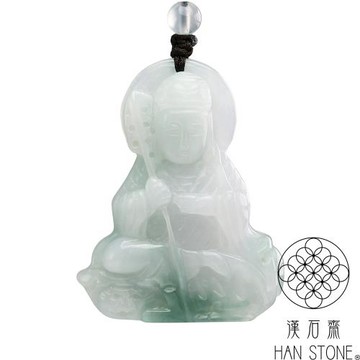 【漢石齋】天然翡翠A貨 地藏王菩薩玉佩吊墜 冰糯種飄花(38*48*8mm)